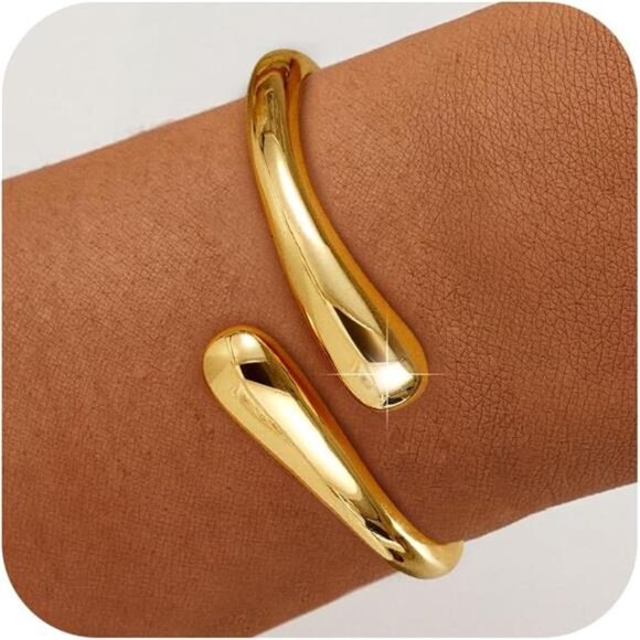 Gold Bracelets for Women Trendy - 14K Gold Plated Bangle Bracelet Chunky - Picture 1 of 7